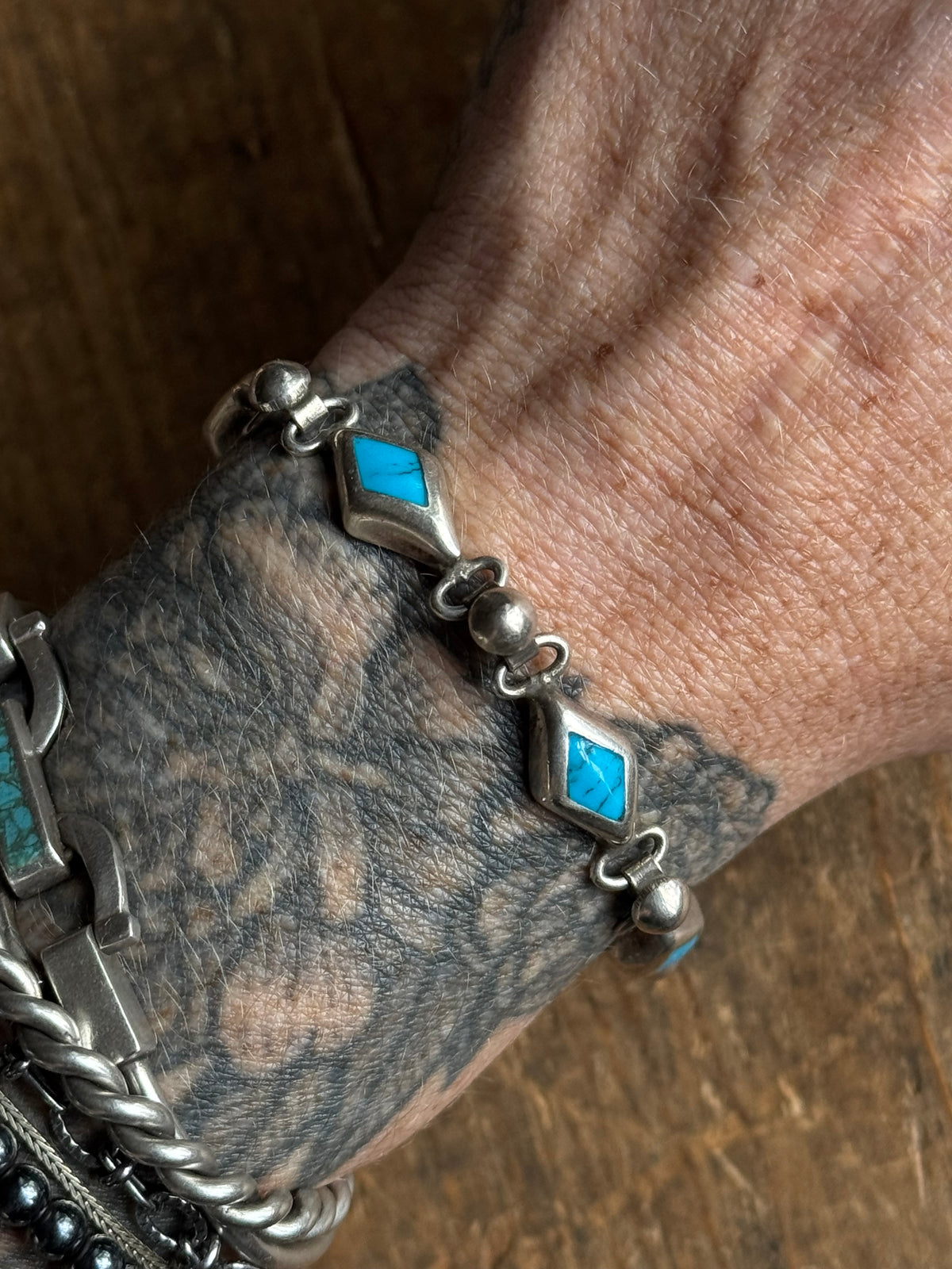 Vintage Sterling Silver Turquoise Inlay Diamond Toggle Bracelet