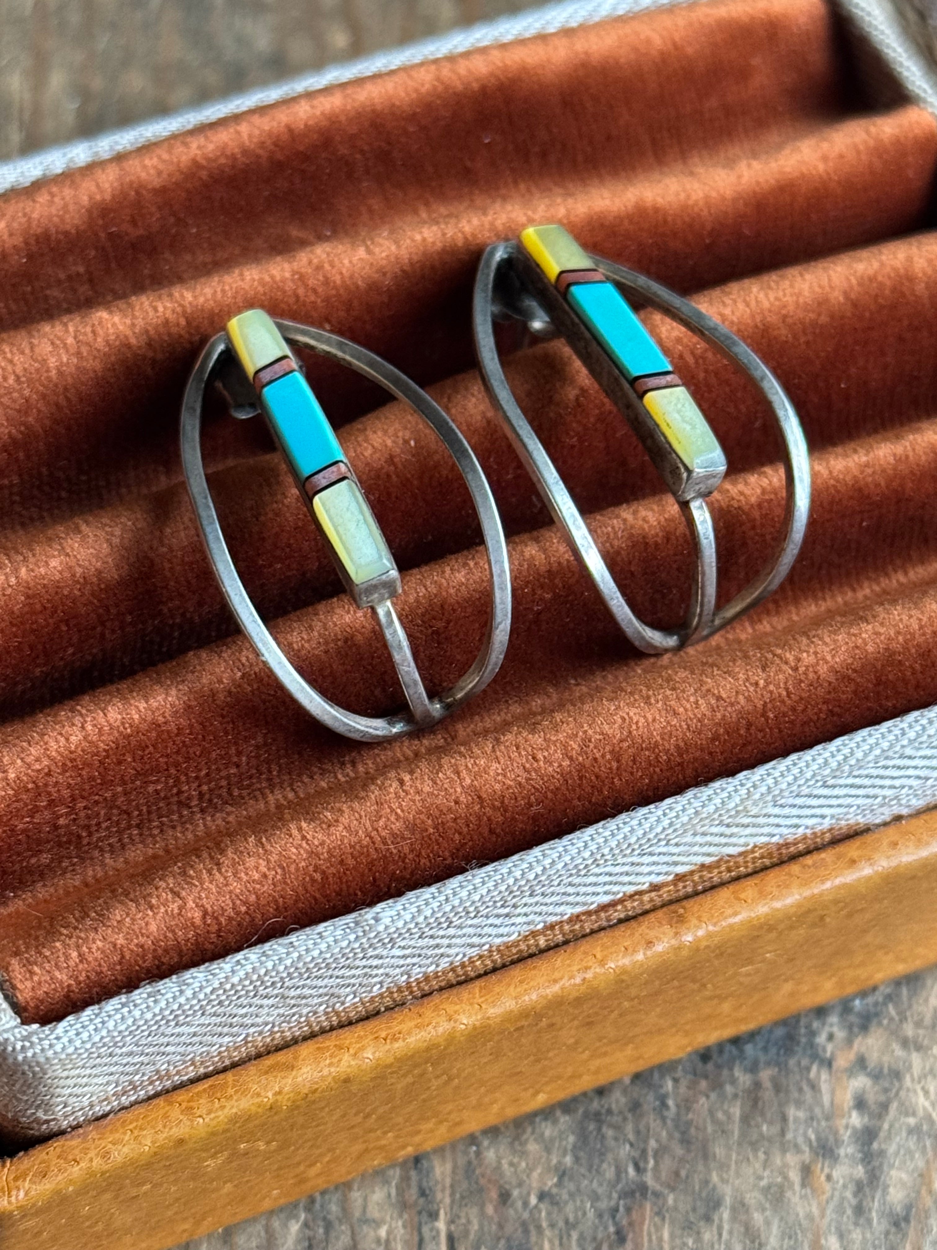 Vintage Sterling Silver Multistone Inlay Half Hoop Earrings