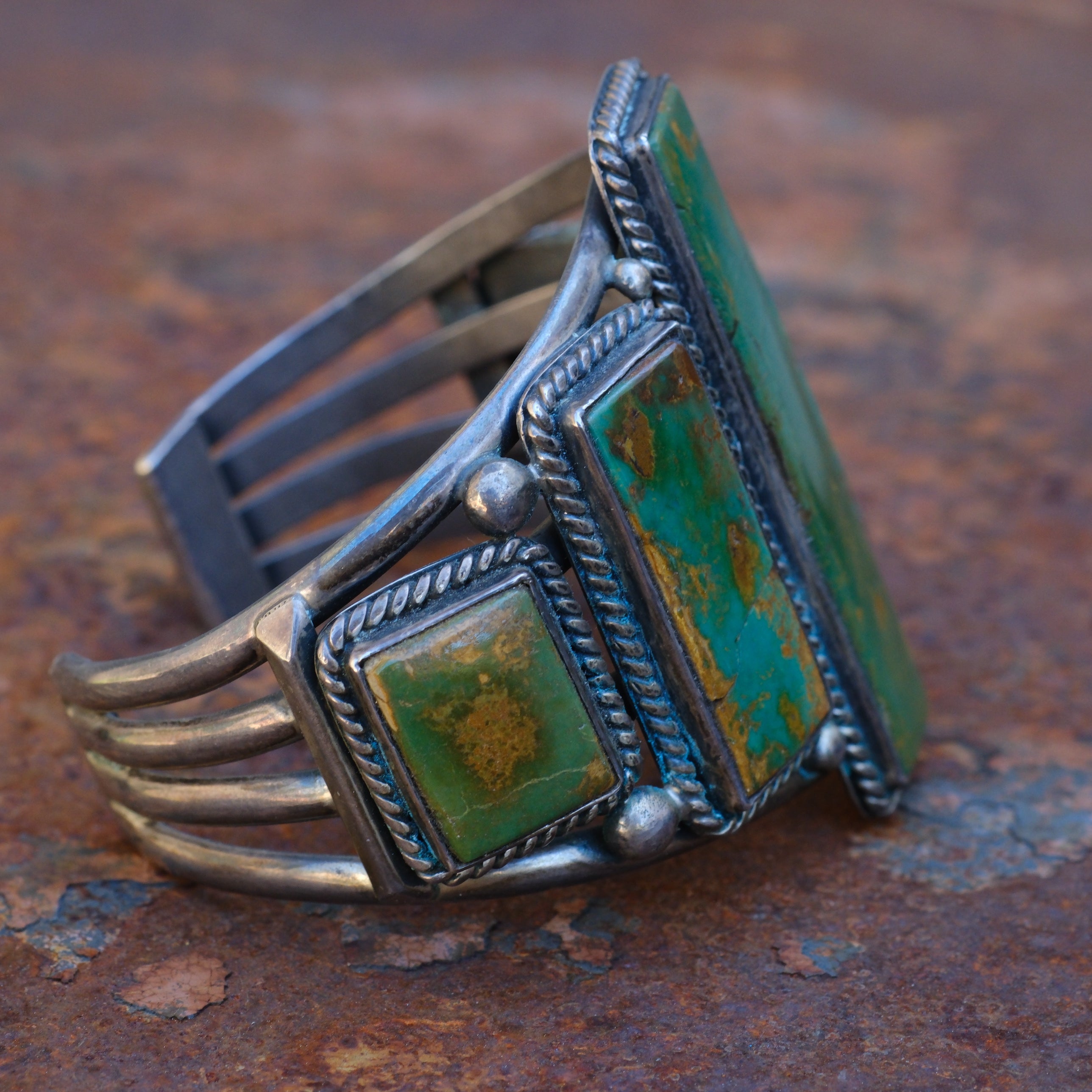 Massive Vintage Sterling 5-Stone Turquoise Roper Cuff Bracelet