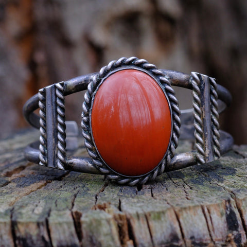 Vintage Sterling Red Coral Roper Cuff