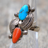 Vintage Sterling Turquoise and Coral Feather Ring 5.75