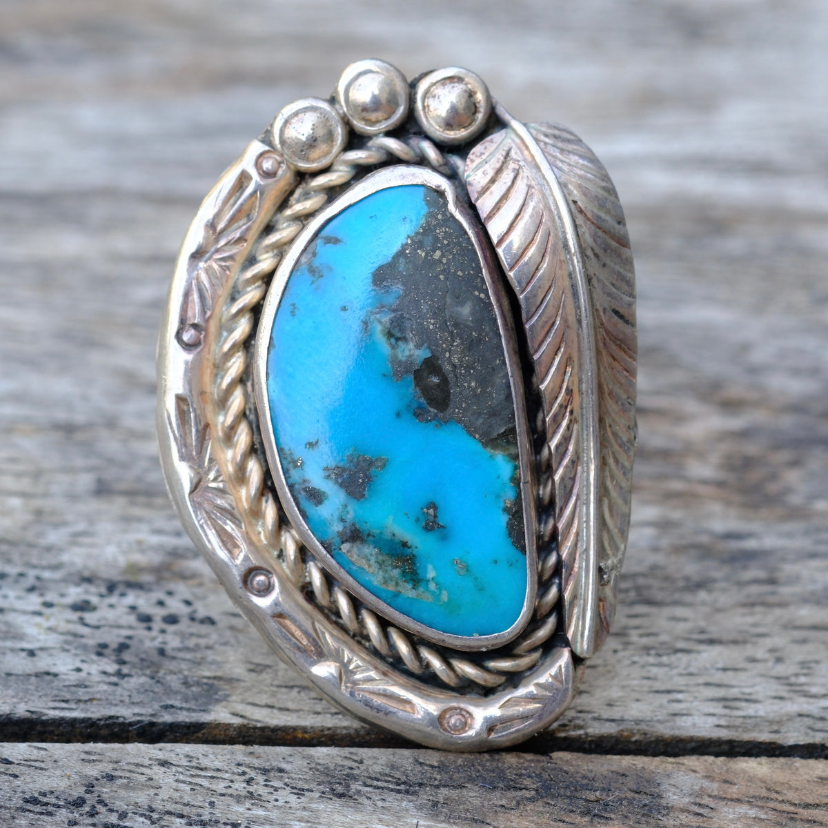 Vintage Sterling Turquoise Feather Ring 9.5