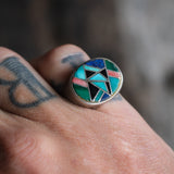 Vintage Sterling Multi Inlay Mosaic Ring 7.75