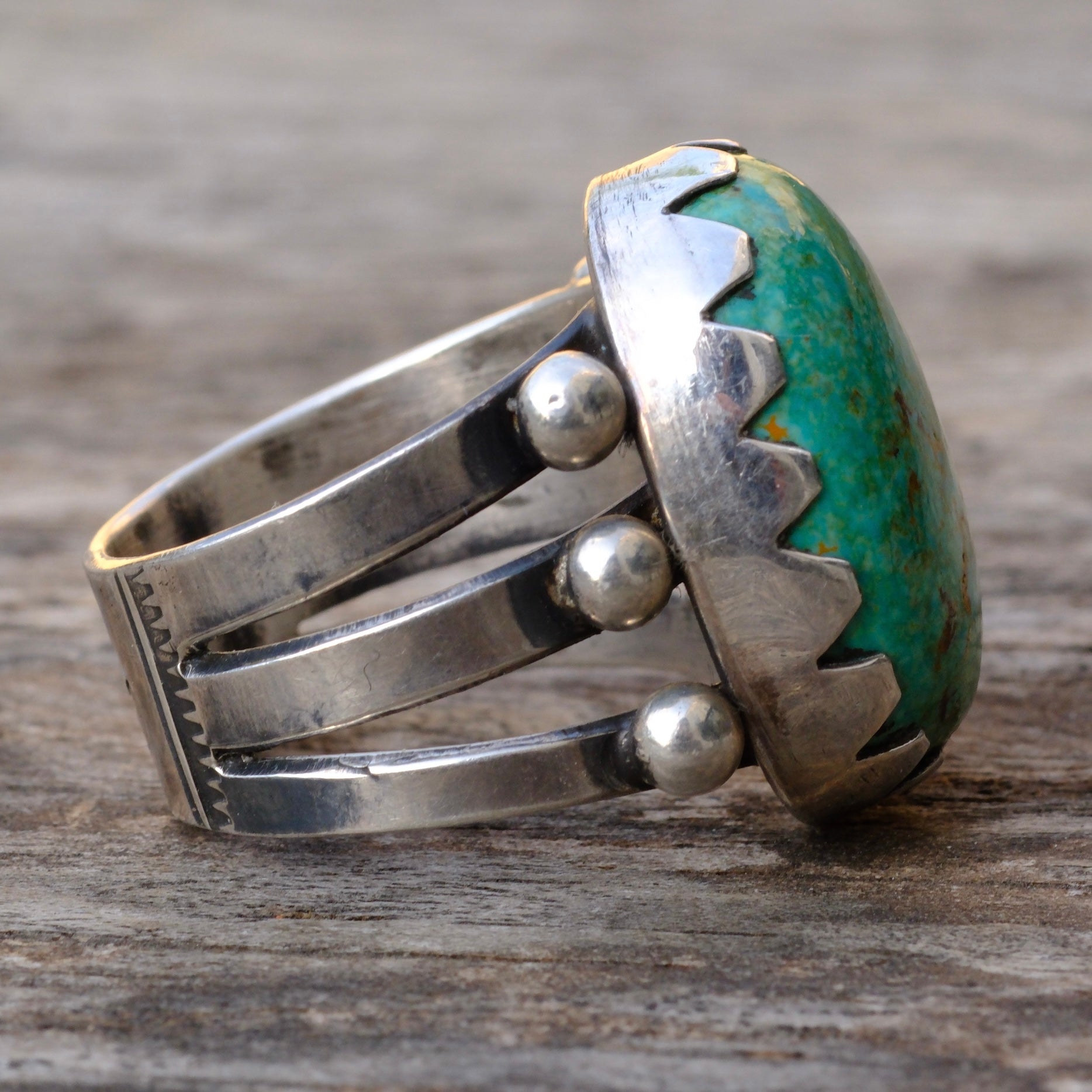Heavy Sterling Silver Stamped Band Turquoise Ring 10