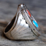 Vintage Sterling Turquoise and Coral Horseshoe Ring 7.25