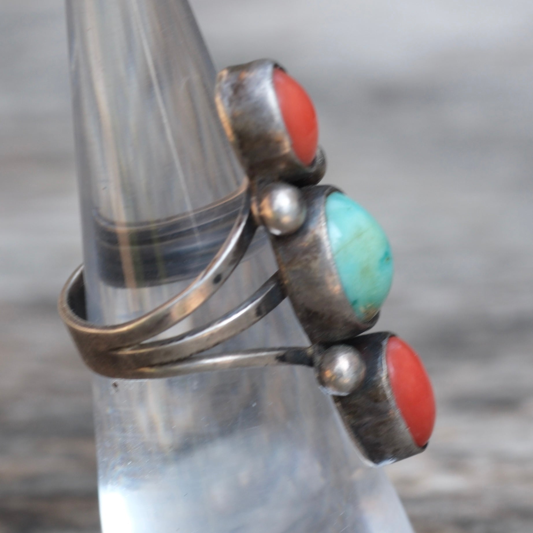 Vintage Sterling Turquoise and Coral Ring 5.5