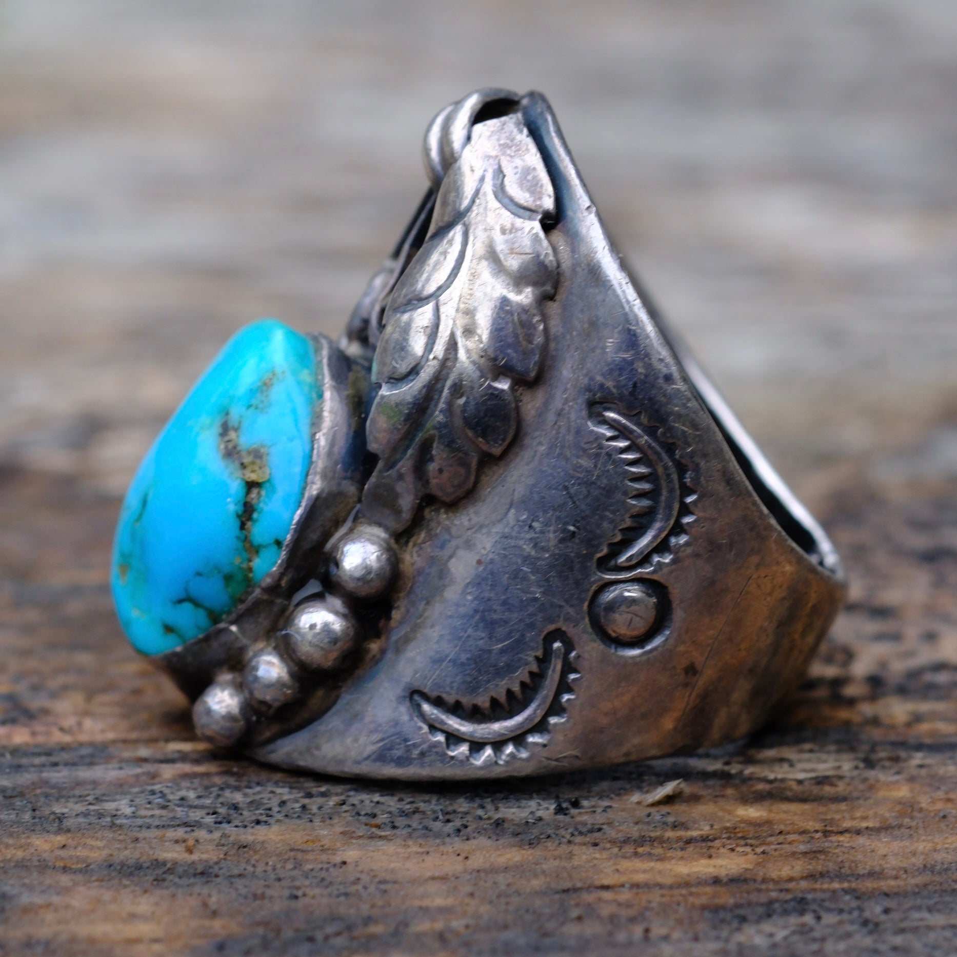 Vintage Sterling Turquoise Feather Ring 9.5