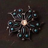 Vintage Sterling Turquoise Flower Brooch