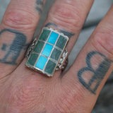 Vintage Sterling Turquoise and Malachite Inlay Ring 12