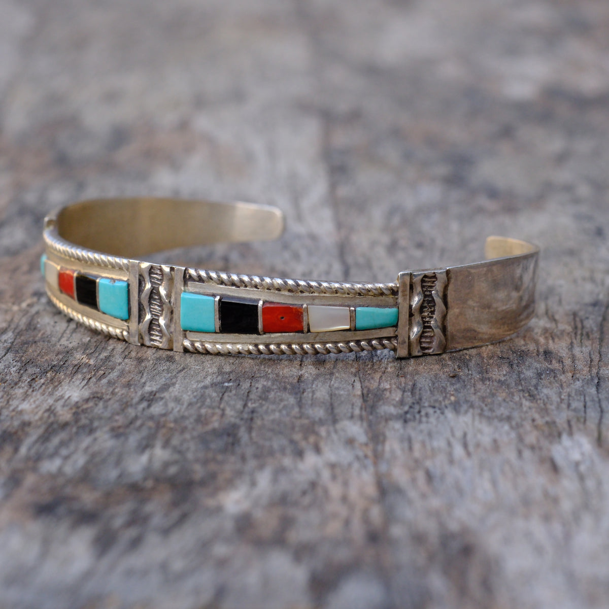 Vintage Sterling Multistone Inlay Cuff Bracelet