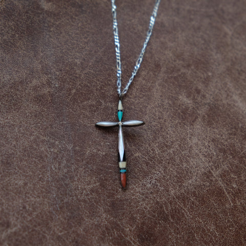 Vintage Sterling Zuni Inlay Cross Necklace