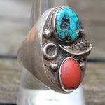Vintage Sterling Turquoise and Coral Feather Ring 10.5
