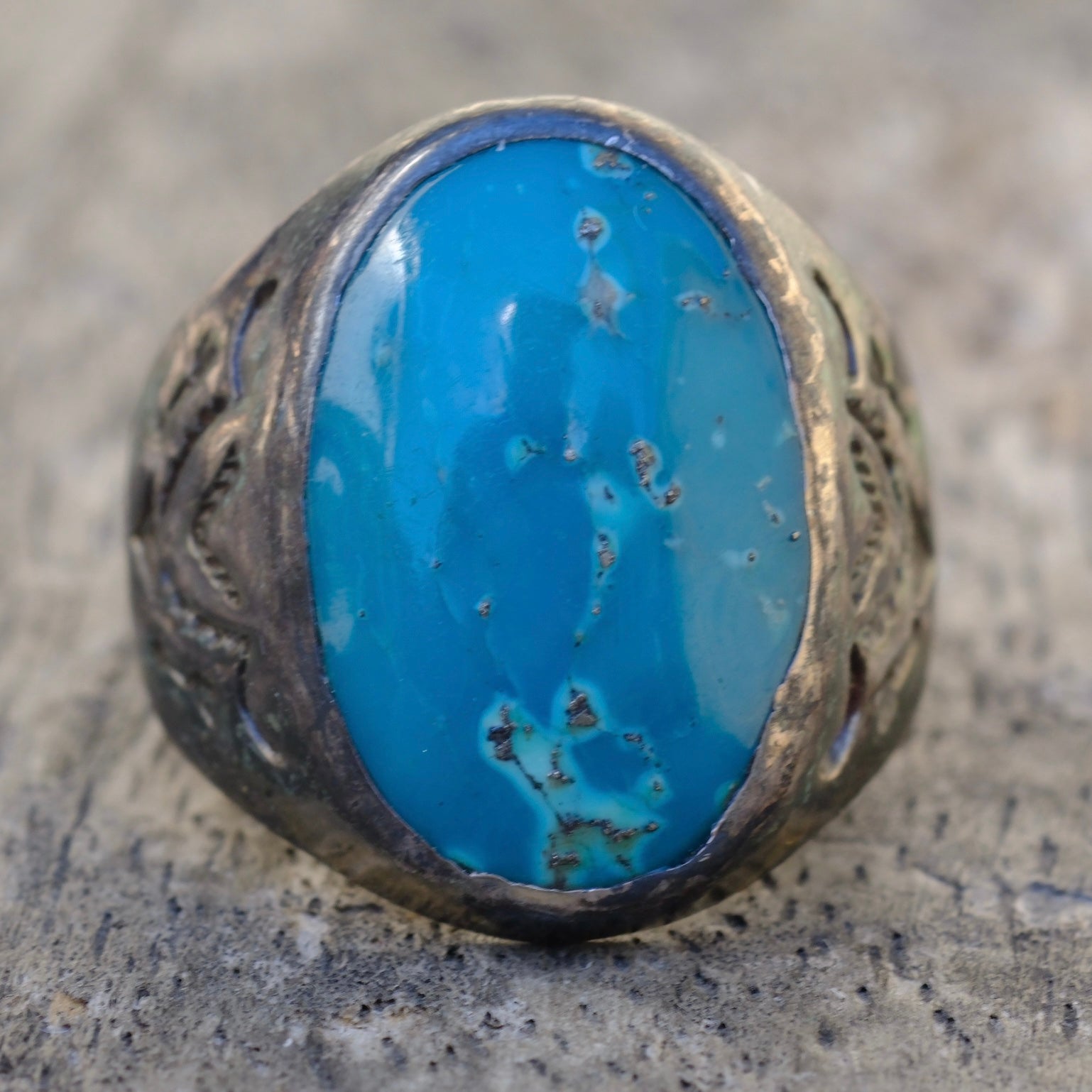 Vintage Sterling Turquoise Stamped V Bells Trading Post Ring 8.75