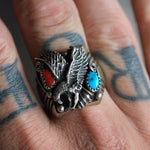 Vintage Sterling Turquoise and Coral Eagle Ring 11.75