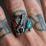 Vintage Sterling Turquoise and Coral Eagle Ring 11.75