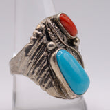 Vintage Sterling Turquoise and Coral Feather Ring 10