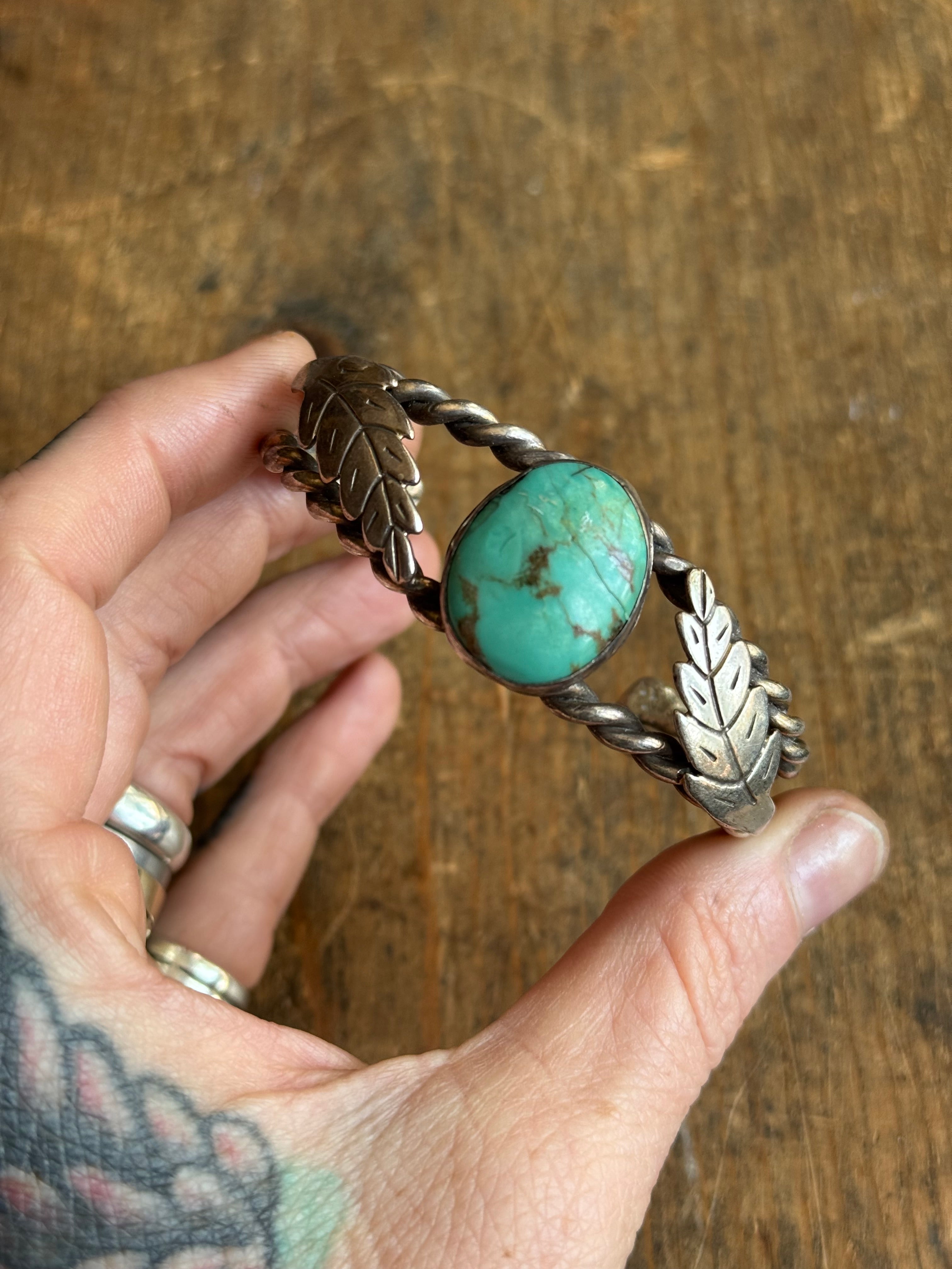 Vintage Sterling Silver Turquoise Leaf Cuff