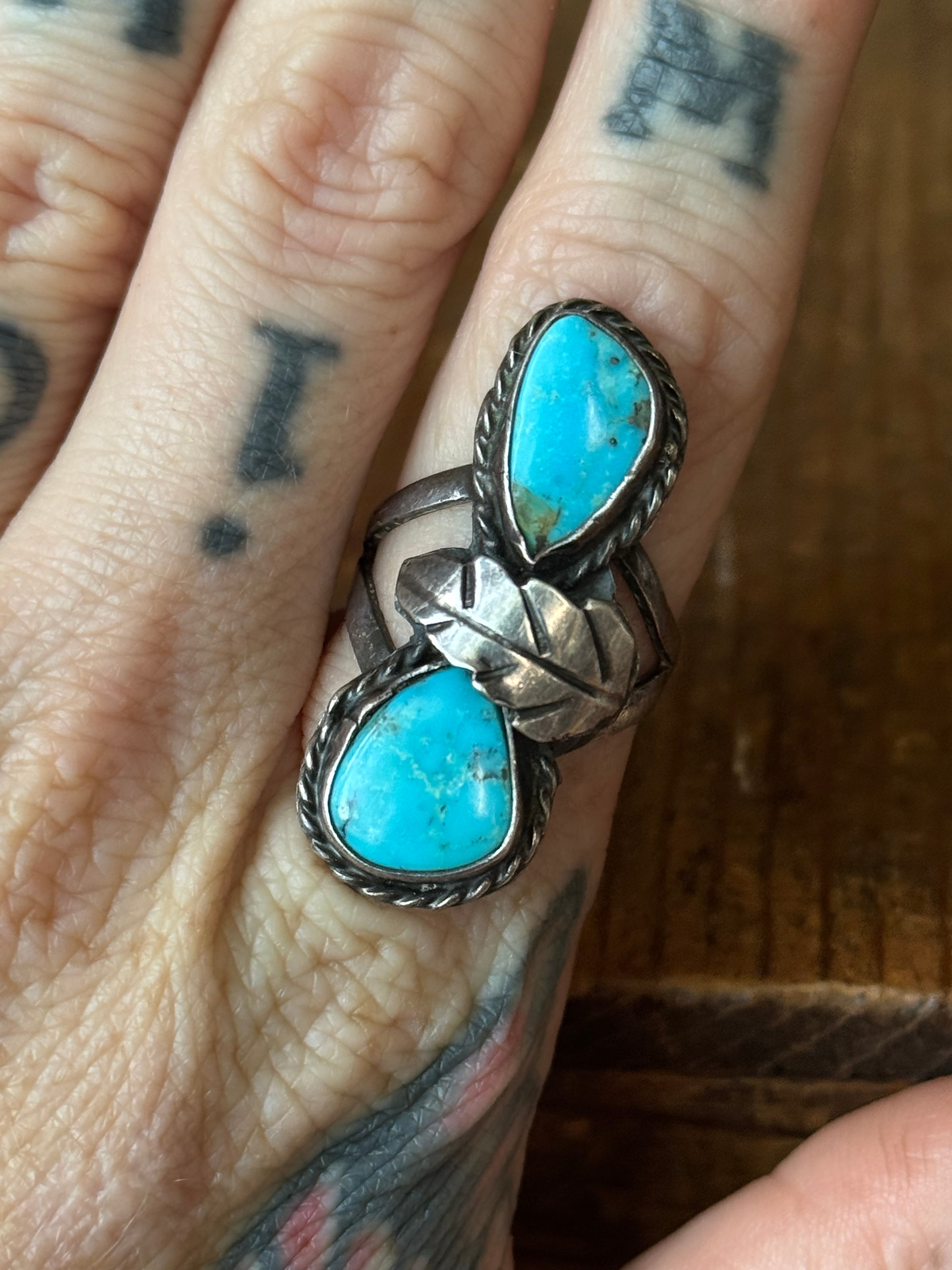 Vintage Sterling Silver Double Turquoise Leaf Ring 7.75