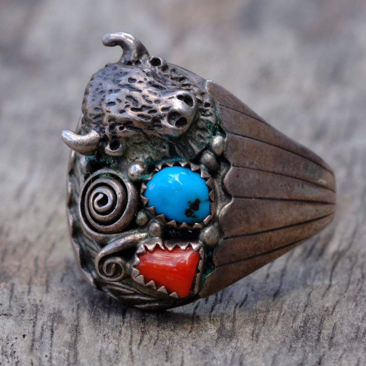 Vintage Sterling Turquoise and Coral Buffalo Ring 13.25