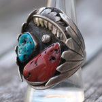 Vintage Sterling Turquoise And Coral Feather Ring 9.5