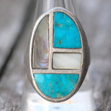 Vintage Sterling Turquoise and Mother Of Pearl Inlay Ring 10.25