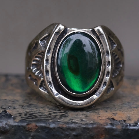 Vintage Sterling Lucky Abalone Horseshoe Ring 9.75