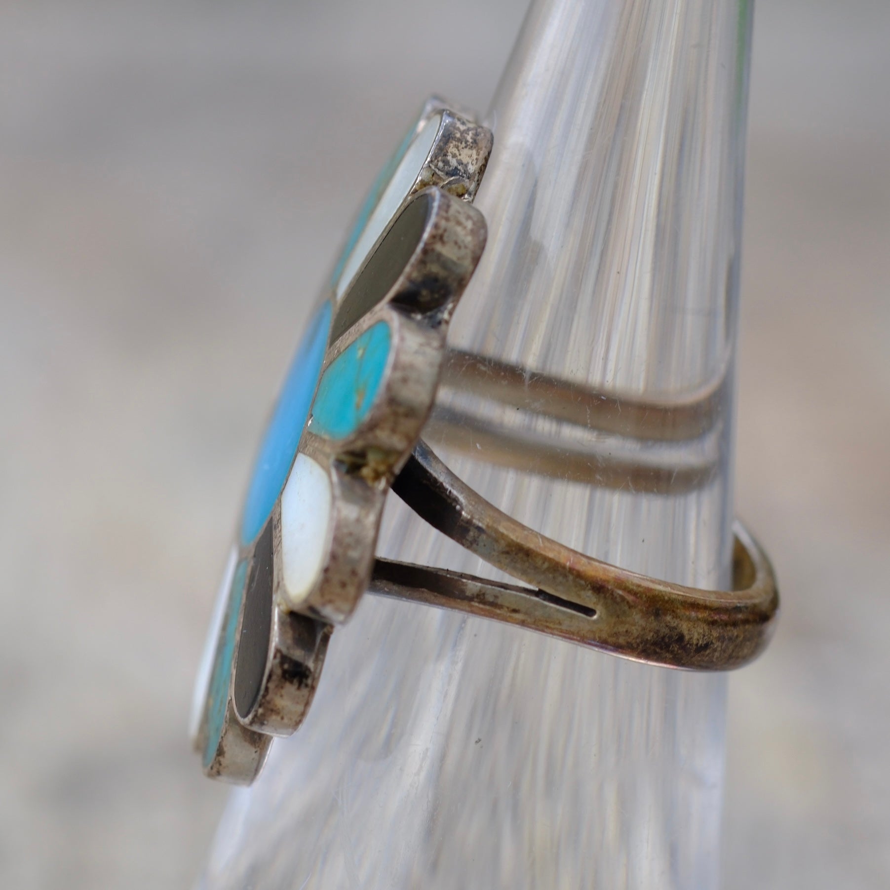 Vintage Sterling Multistone Inlay Flower Ring 4.5