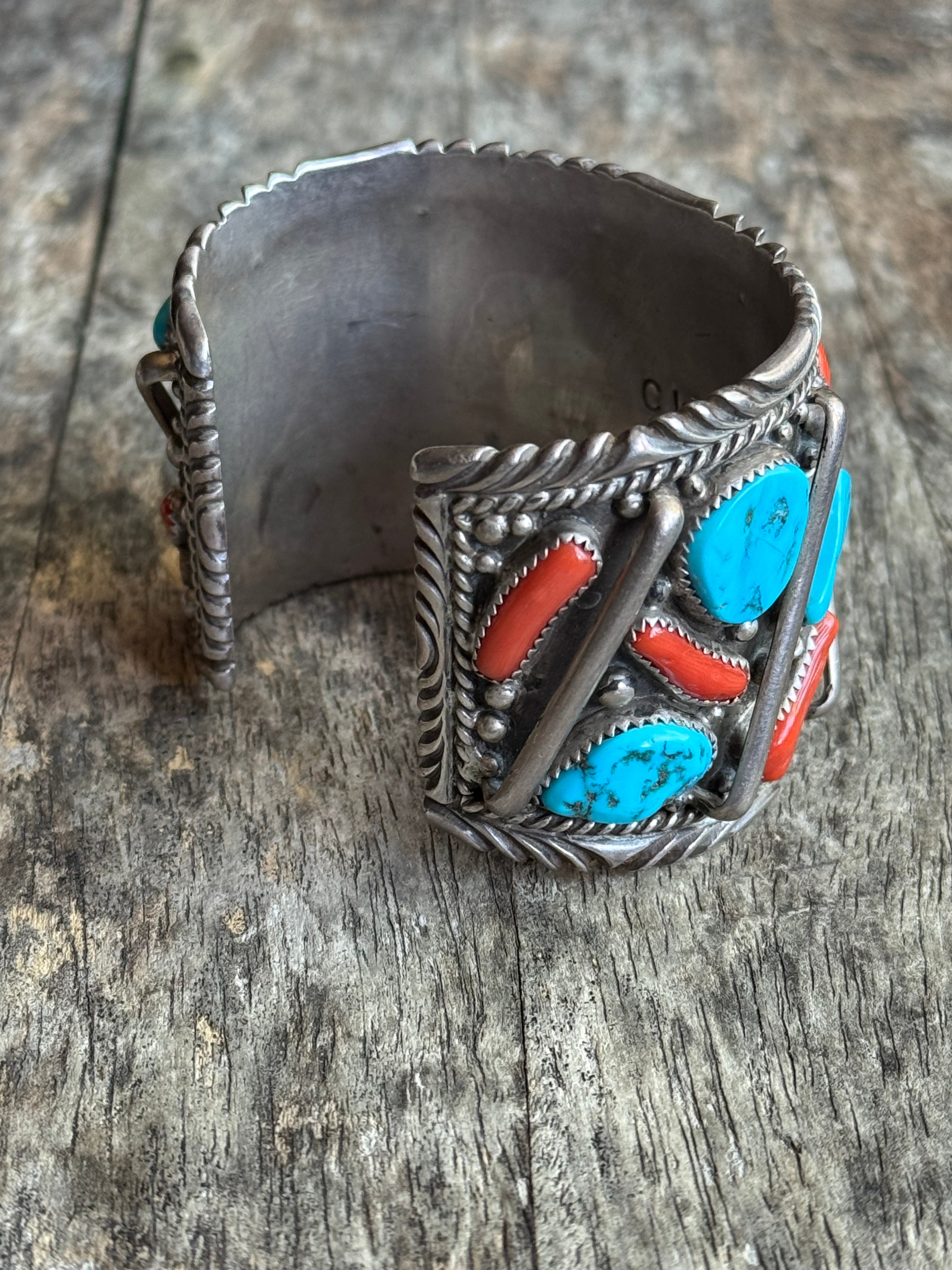 Vintage Sterling Silver Heavy Turquoise & Coral Roped Bar Cuff