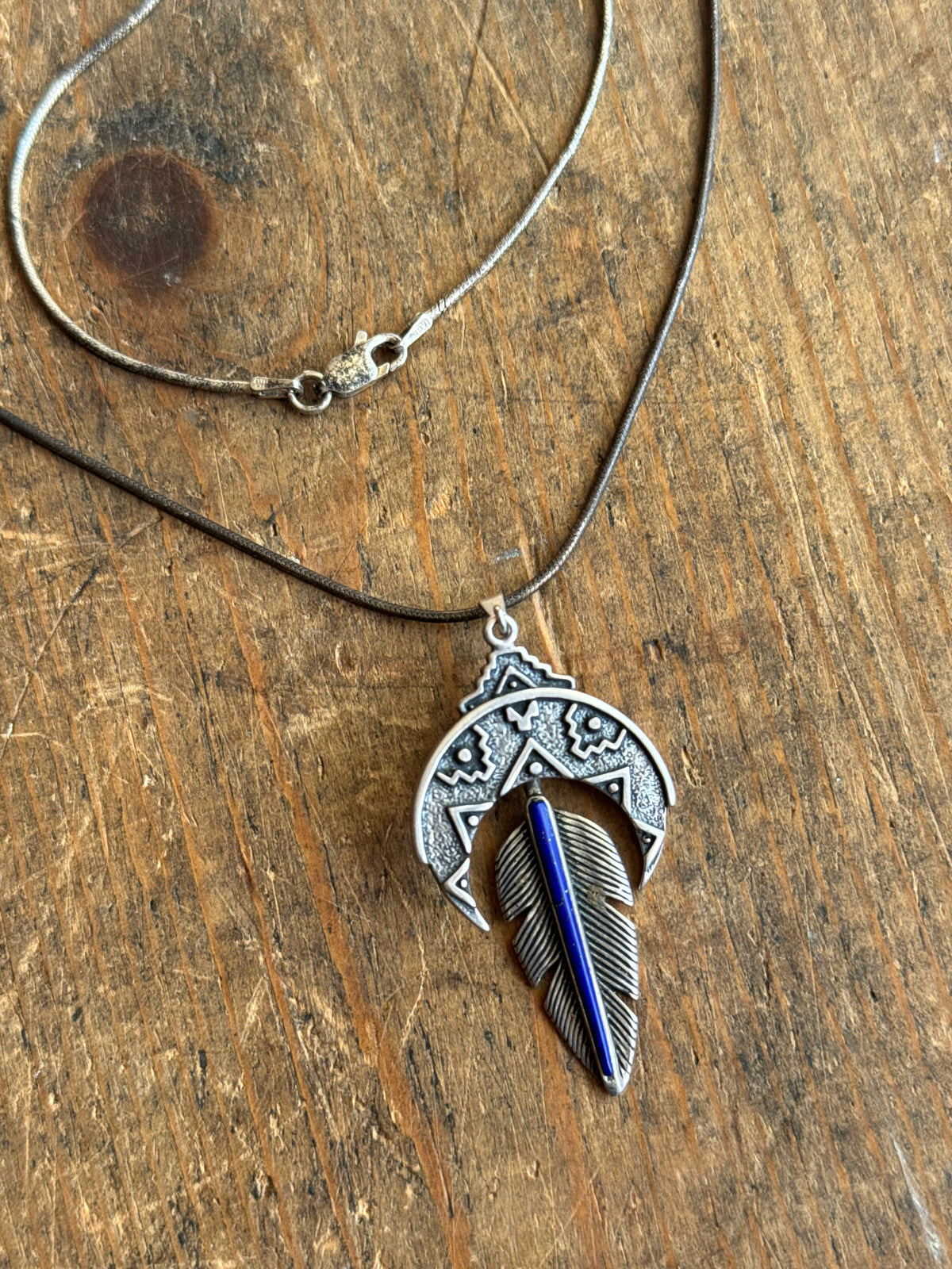 Vintage Sterling Silver Lapis Crescent Leaf Necklace