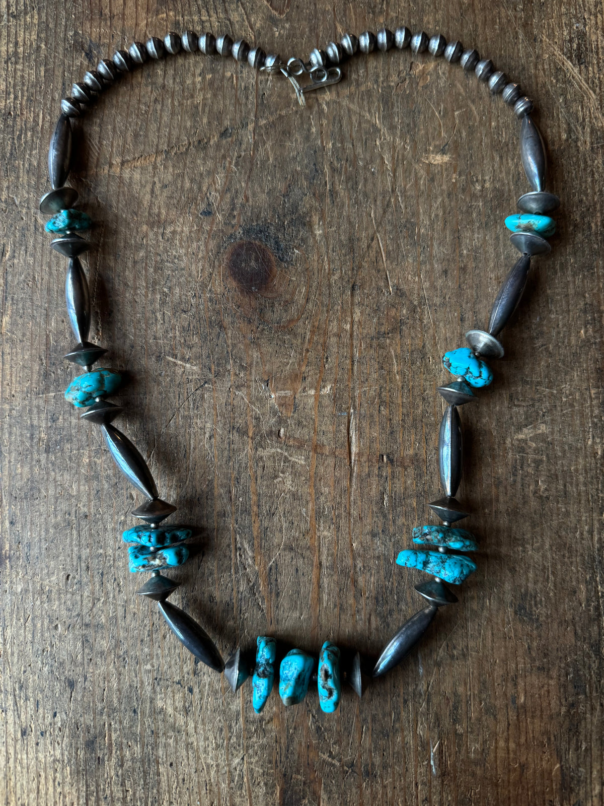 Vintage Sterling Silver Chunky Bead & Raw Turquoise Necklace