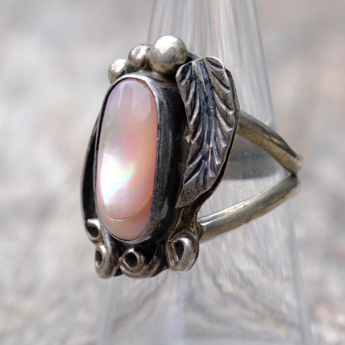 Vintage Sterling Mother Of Pearl Feather Ring 7.25
