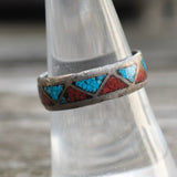 Vintage Sterling Crushed Turquoise and Coral Inlay Band 8.25