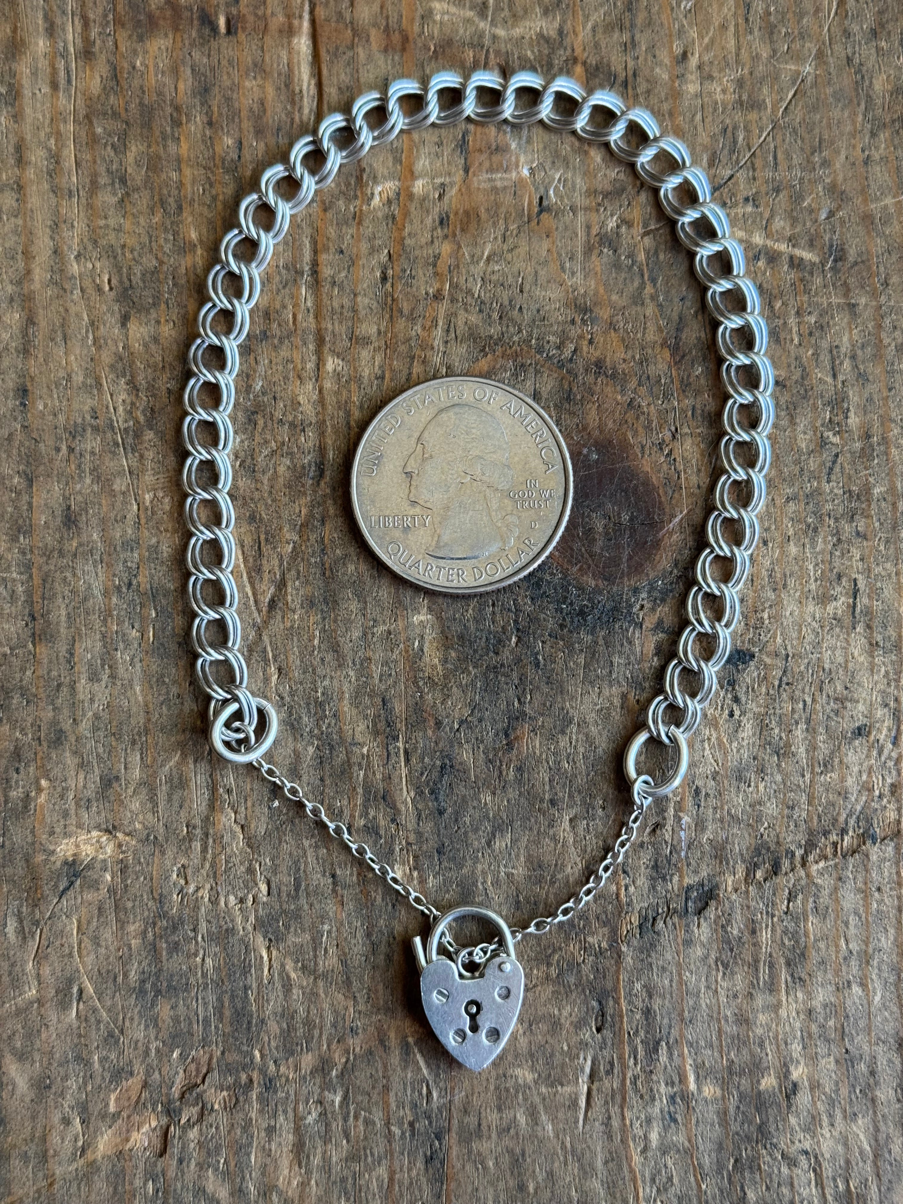 Vintage Sterling Silver Padlock Heart Double Link Chain Bracelet 7.5"