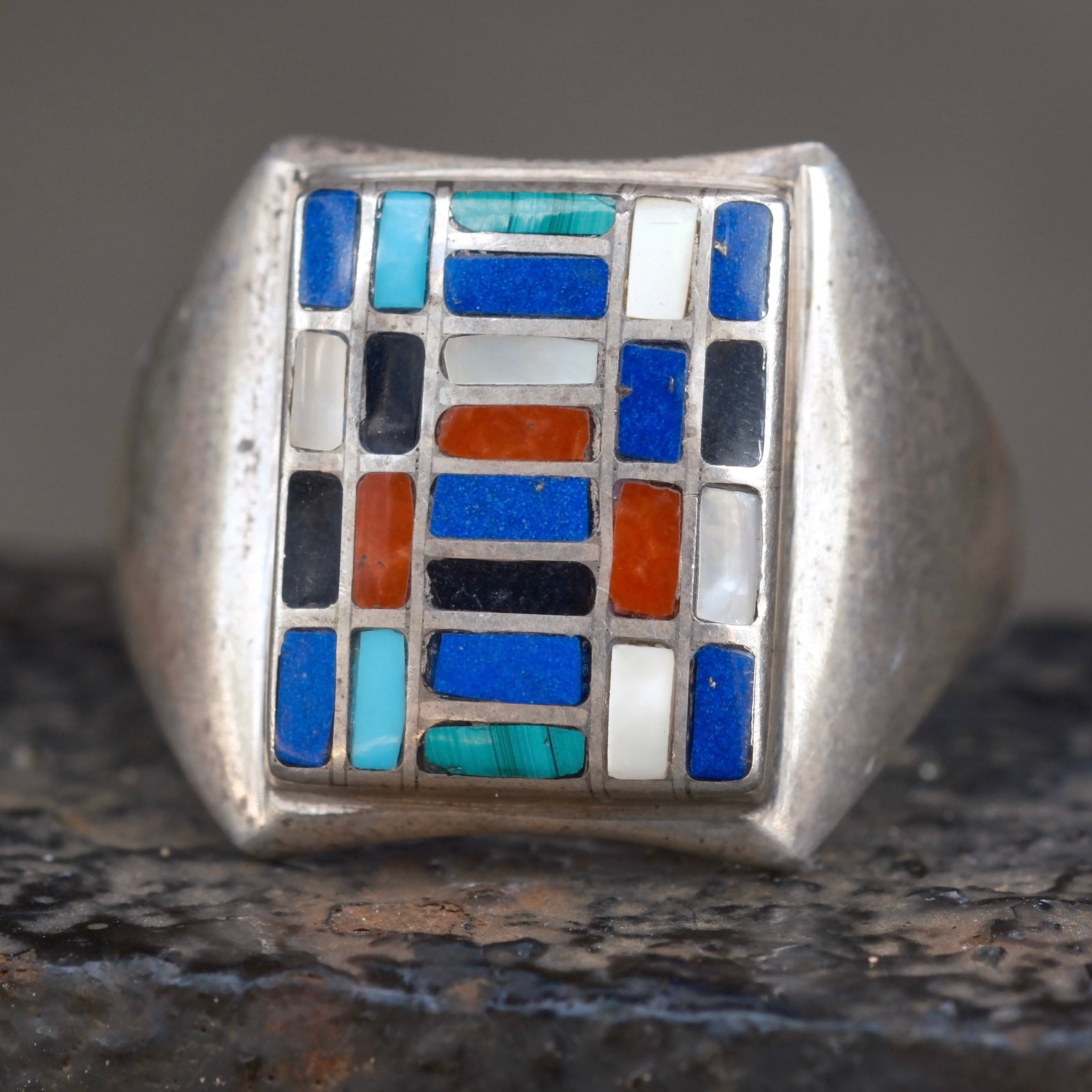 Vintage Sterling Mulstione Inlay Panel Ring 12.25