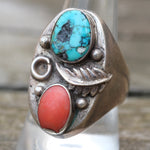 Vintage Sterling Turquoise and Coral Feather Ring 10.5