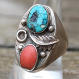 Vintage Sterling Turquoise and Coral Feather Ring 10.5