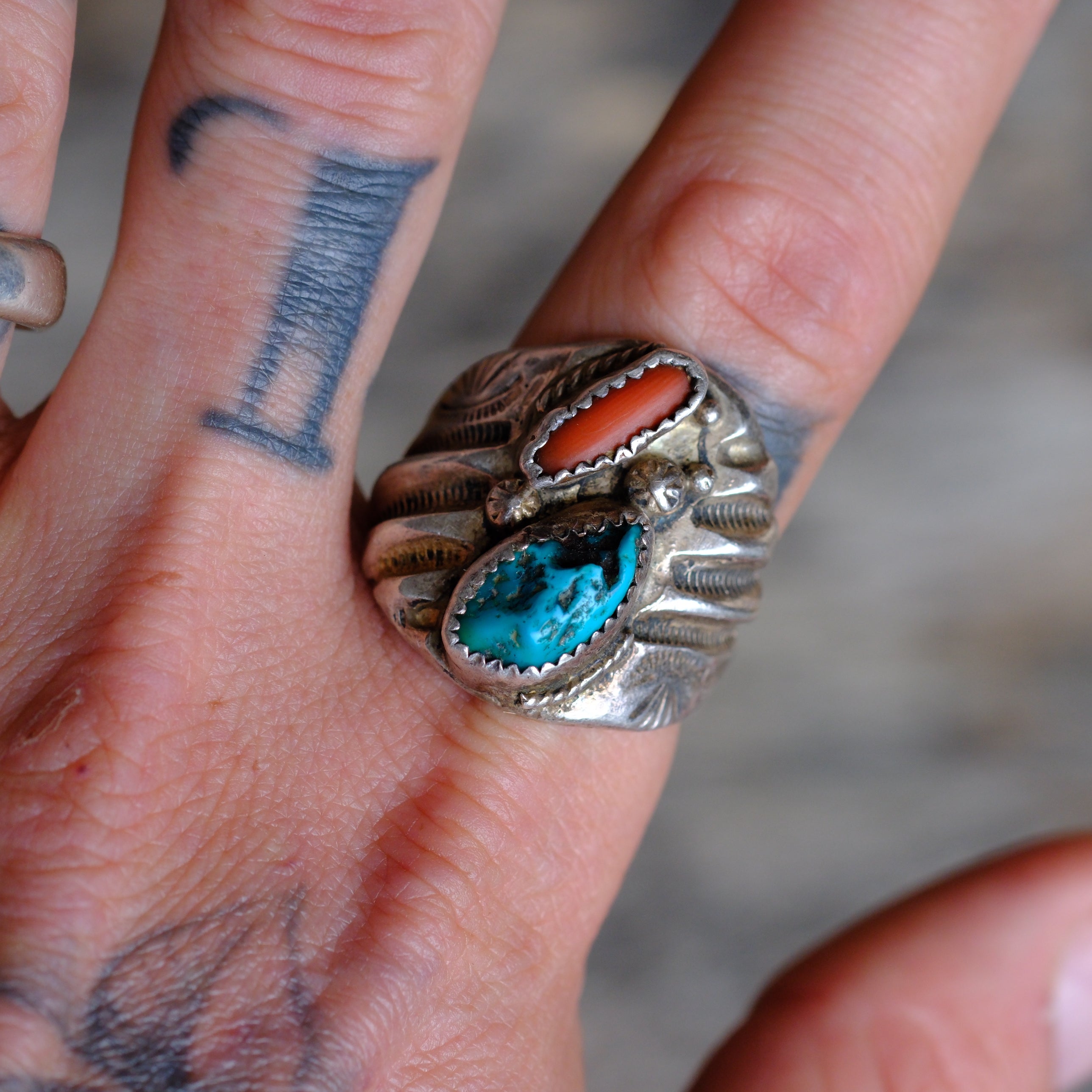Vintage Sterling Turquoise and Coral Ring 12.25