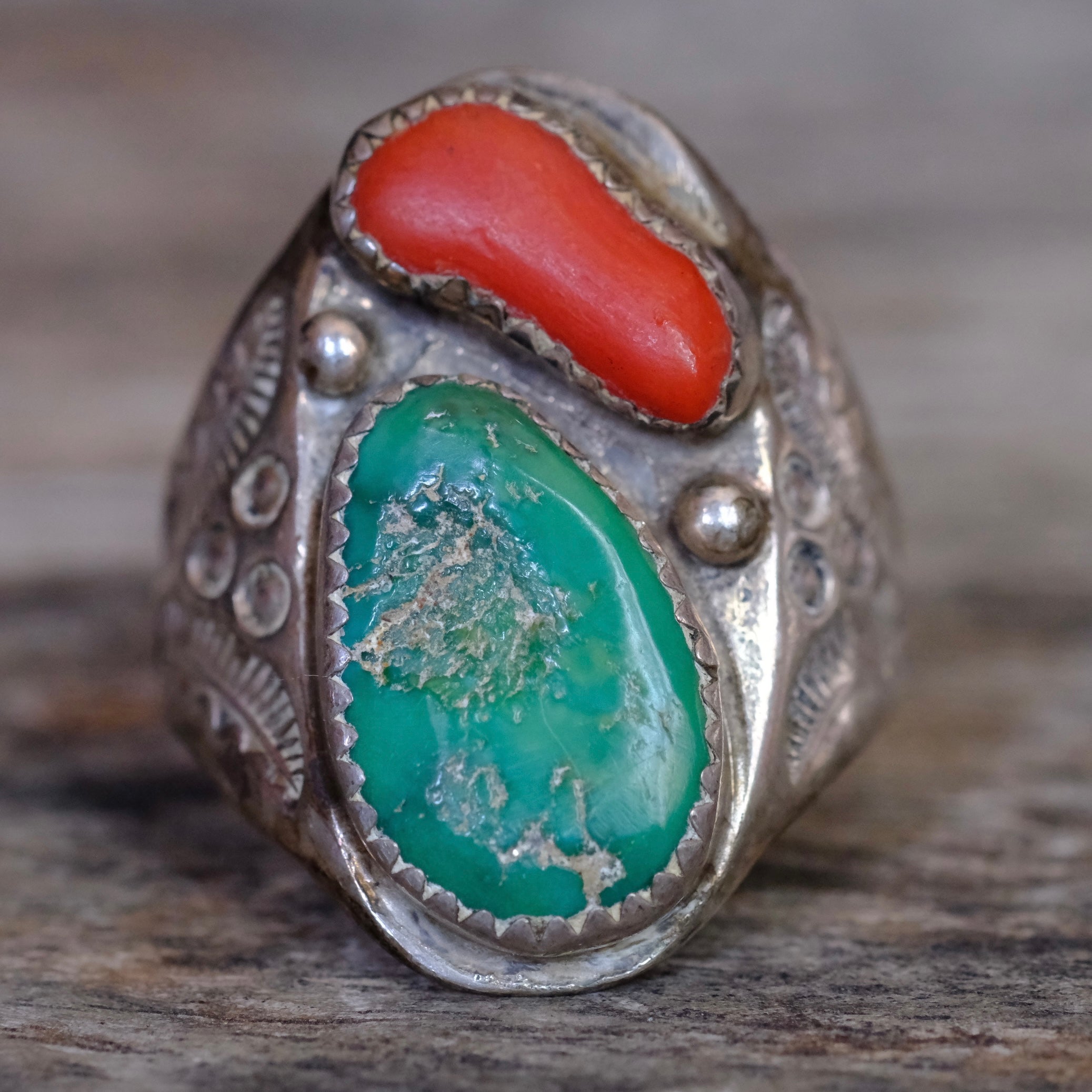 Vintage Sterling Turquoise and Coral Stamped Band Ring 11