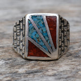 Vintage Sterling Turquoise and Coral Inlay Sunrise Ring 11