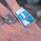HUGE Vintage Sterling Turquoise and Mother Of Pearl Inlay Ring 5.75