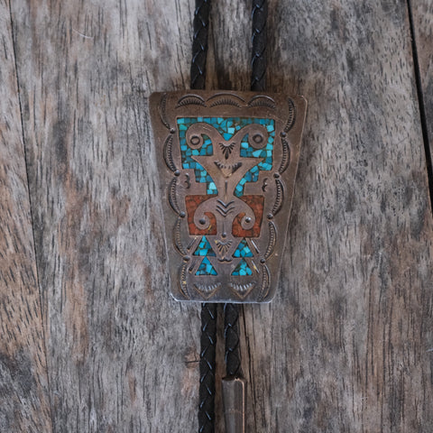 Vintage Sterling Turquoise and Coral Inlay Bolo Tie