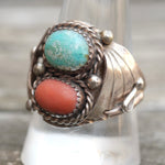Vintage Sterling Turquoise and Coral Ribbed Band Ring 10.75