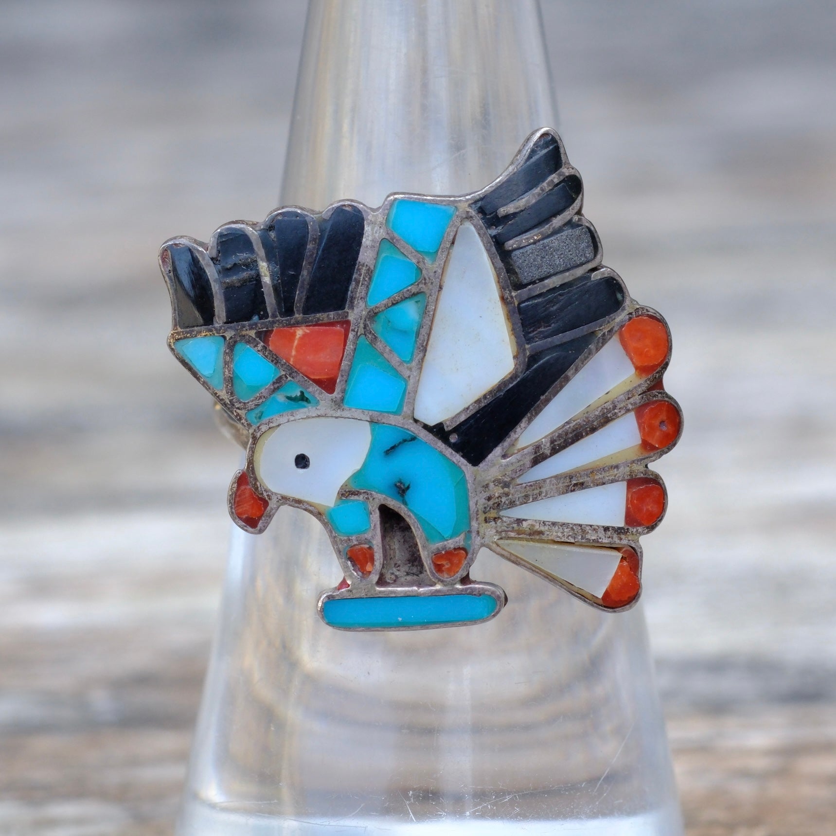 Vintage Sterling Multistone Inlay Eagle Ring 6.75