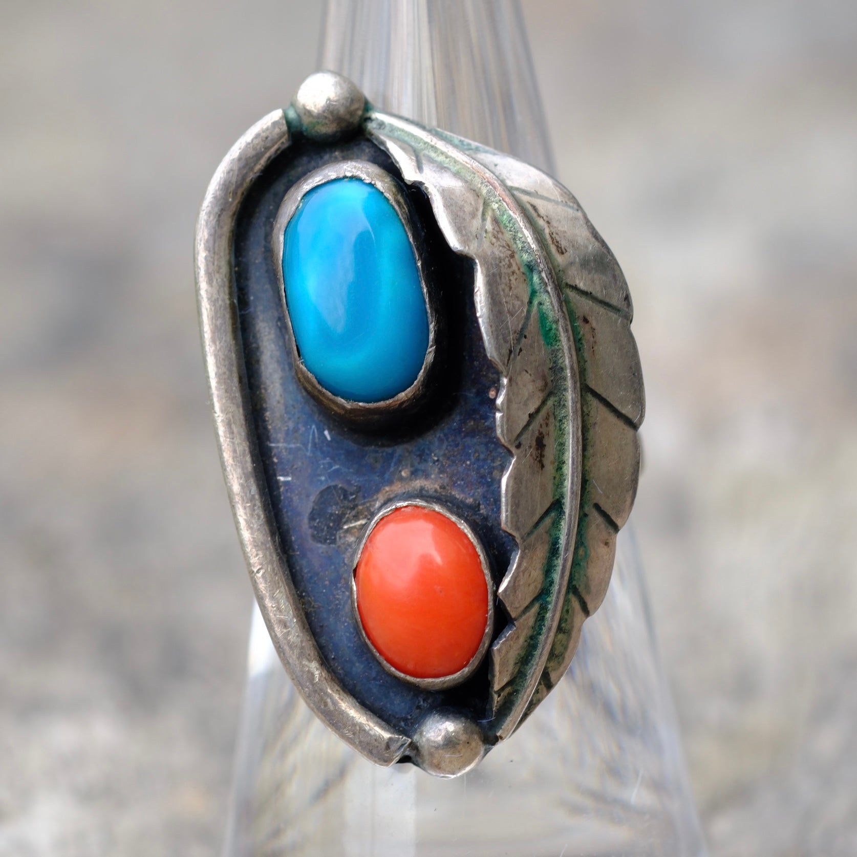 Vintage Sterling Turquoise and Coral Feather Ring 6.5