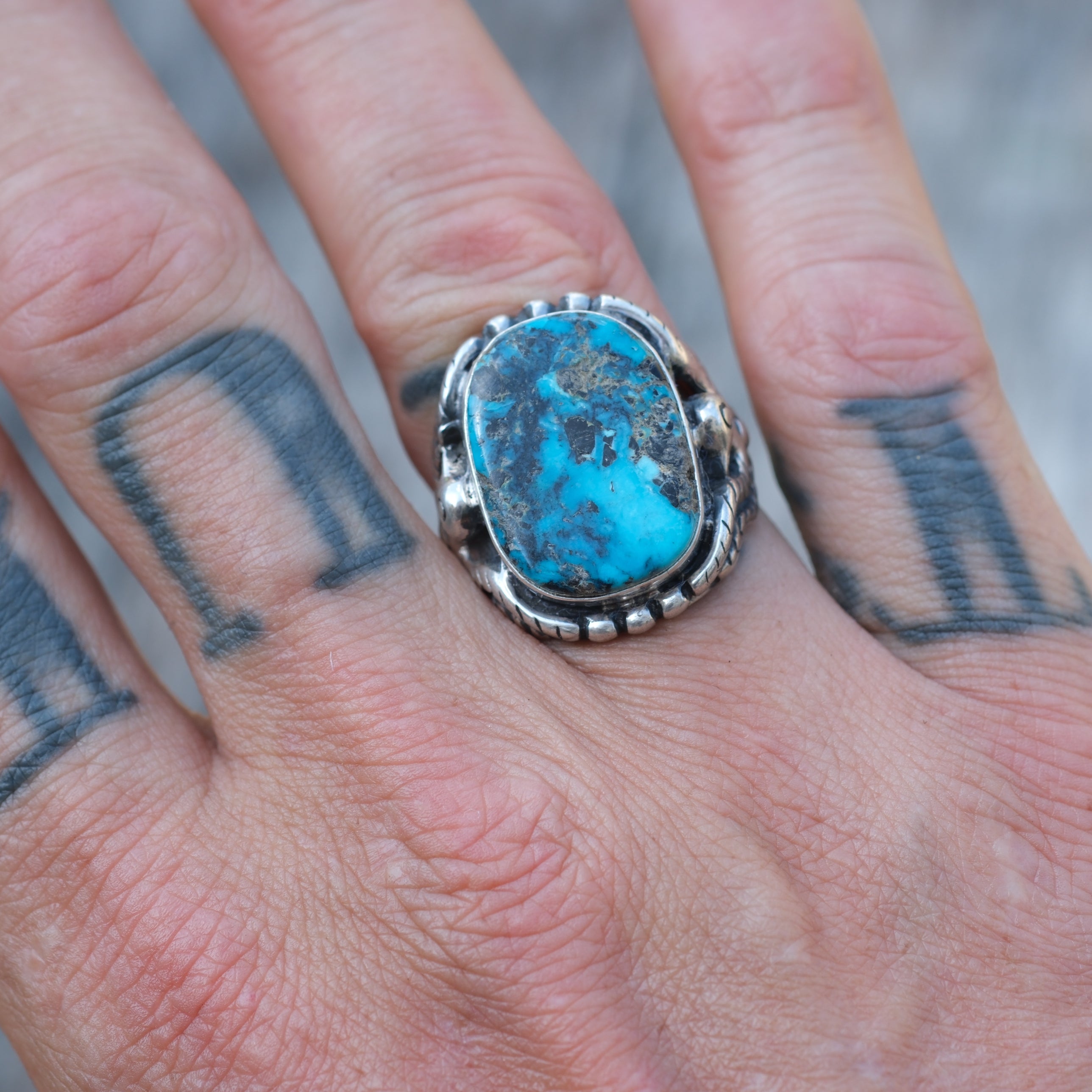 Vintage Sterling Turquoise Thunderbird Ring 7.5