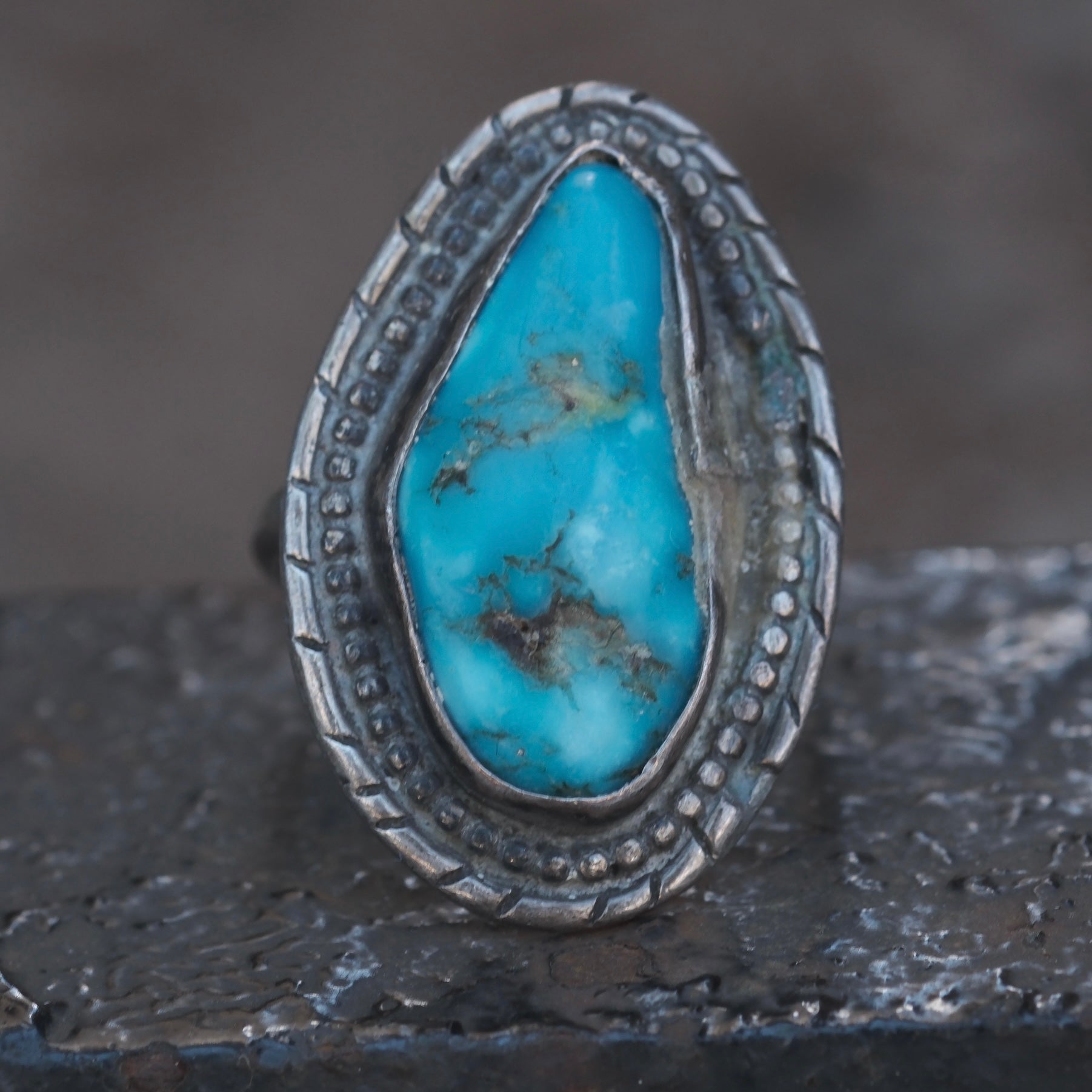 Vintage Sterling Turquoise Roper Ring 8.25
