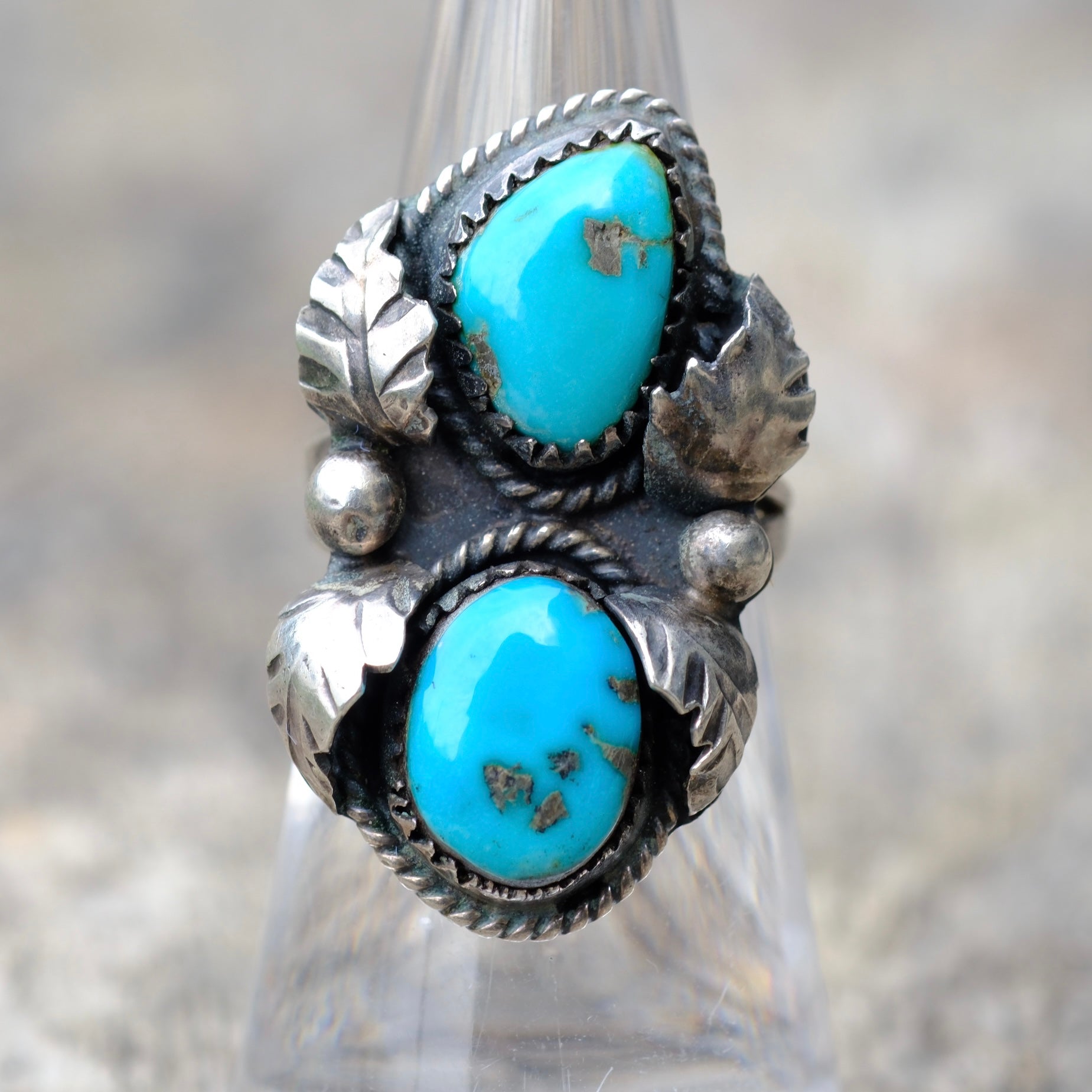 Vintage Sterling 2-Stone Turquoise Feather Ring 5.5