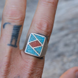 Vintage Sterling Crushed Turquoise and Coral Inlay Ring 9.5