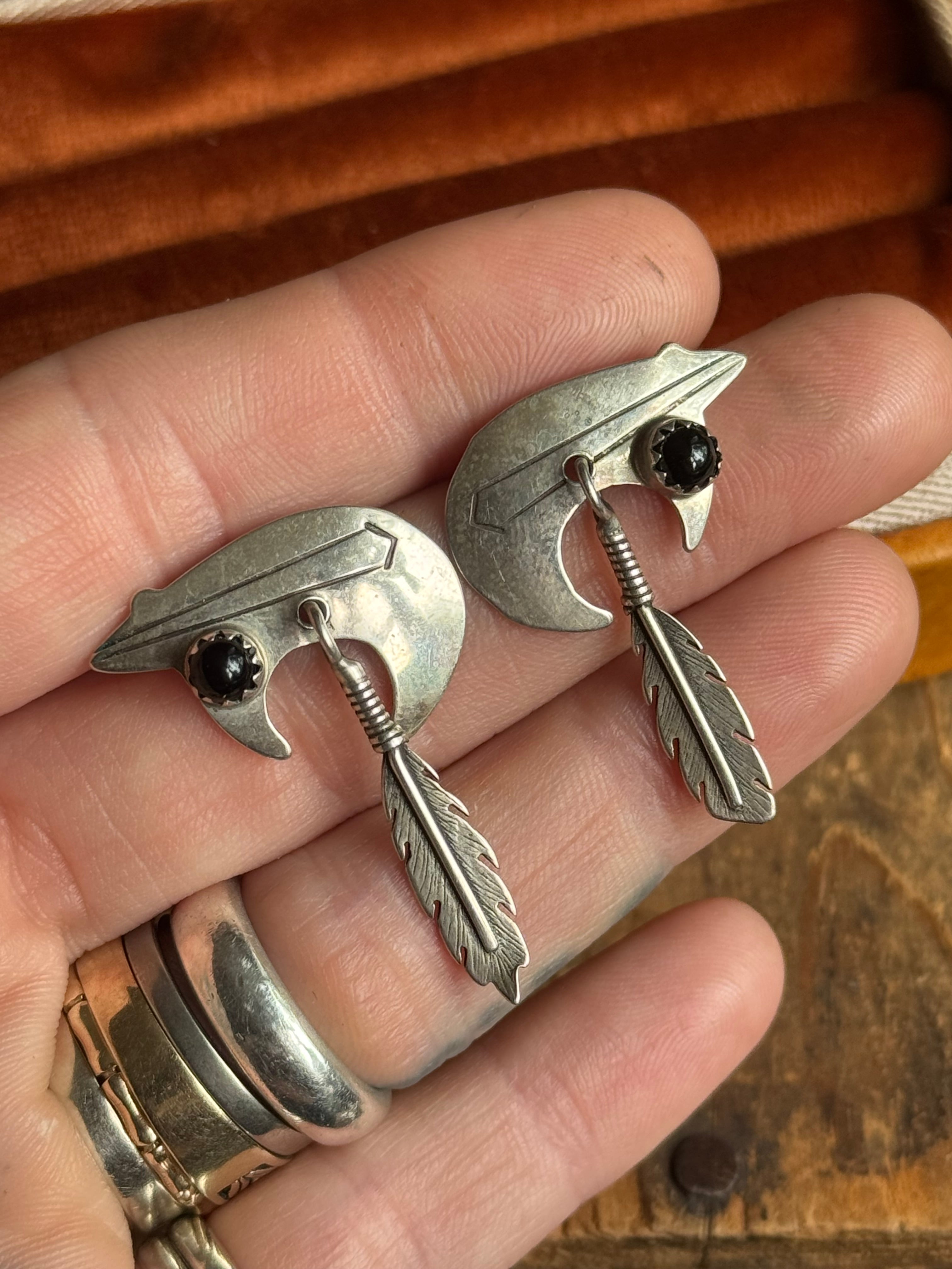 Vintage Sterling Silver Onyx Bear Feather Earrings