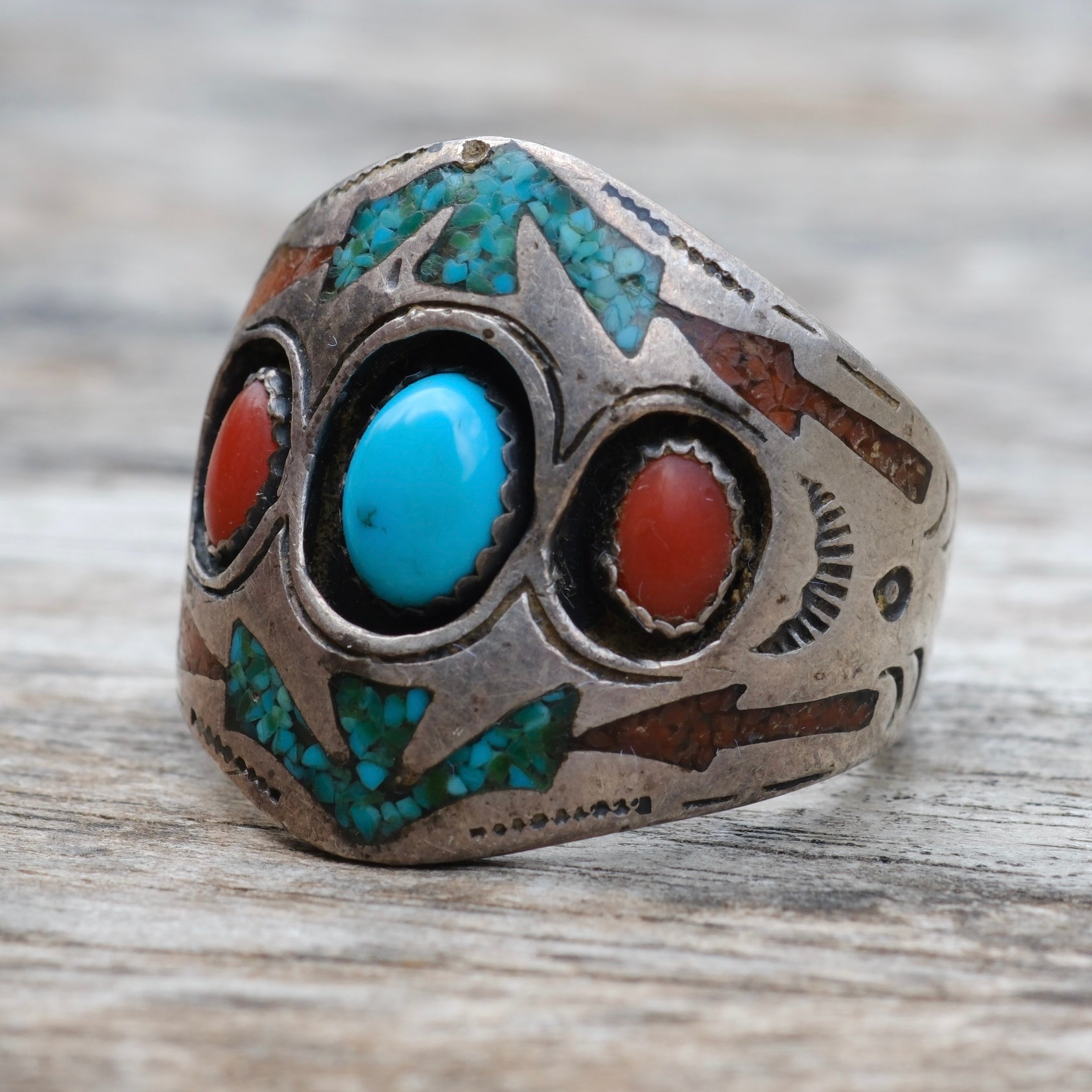 Vintage Sterling Turquoise and Coral Inlay Ring 10.5